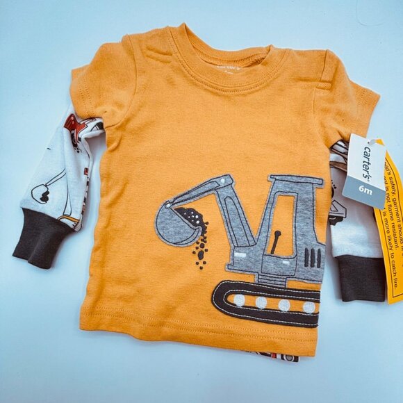 Carter’s Baby Construction Theme Long Sleeve & Excavator Tee Tops Only Yellow/Gr - Picture 1 of 6